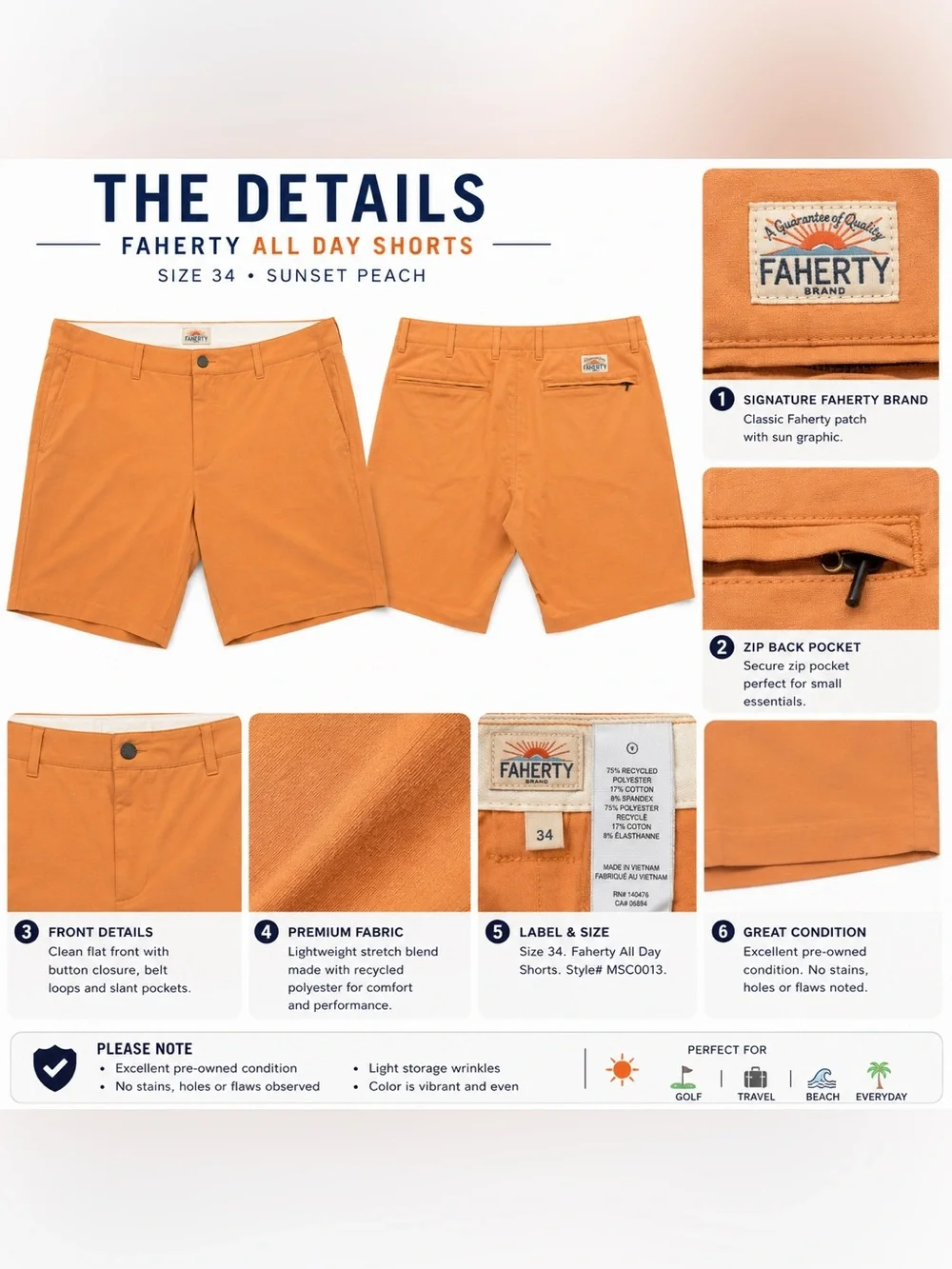 Faherty All Day Shorts Peach Stretch Performance Casual Travel Men 34 CMB3009
